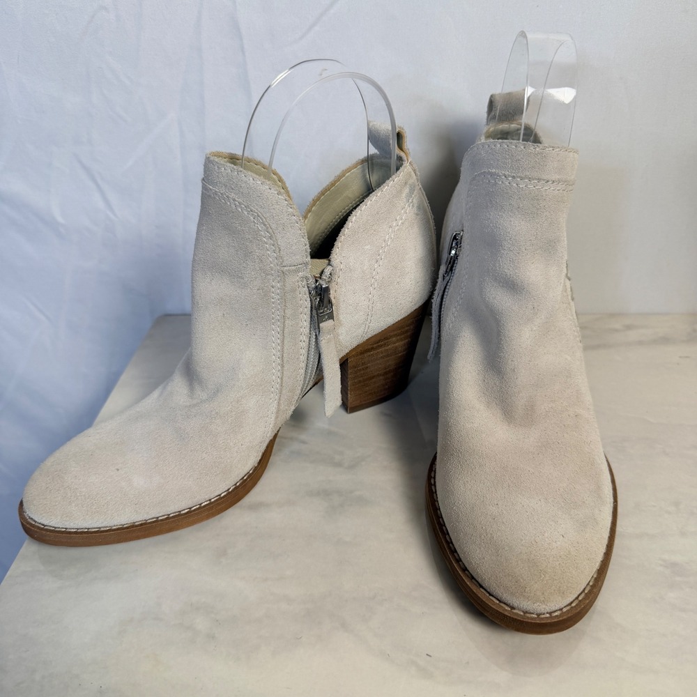 Sam Edelman Mathia Beige Suede Ankle Boots Women 6M Whipstitch Block Heel Bootie